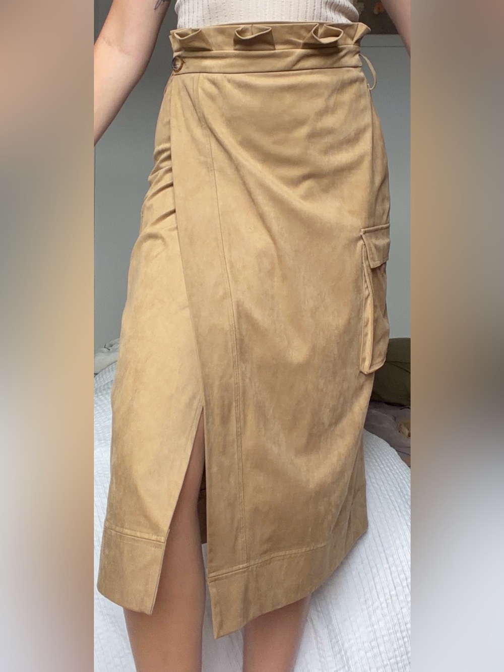 Zara Camel Tan Trench Wrap skirt with Utility Pocket Suede